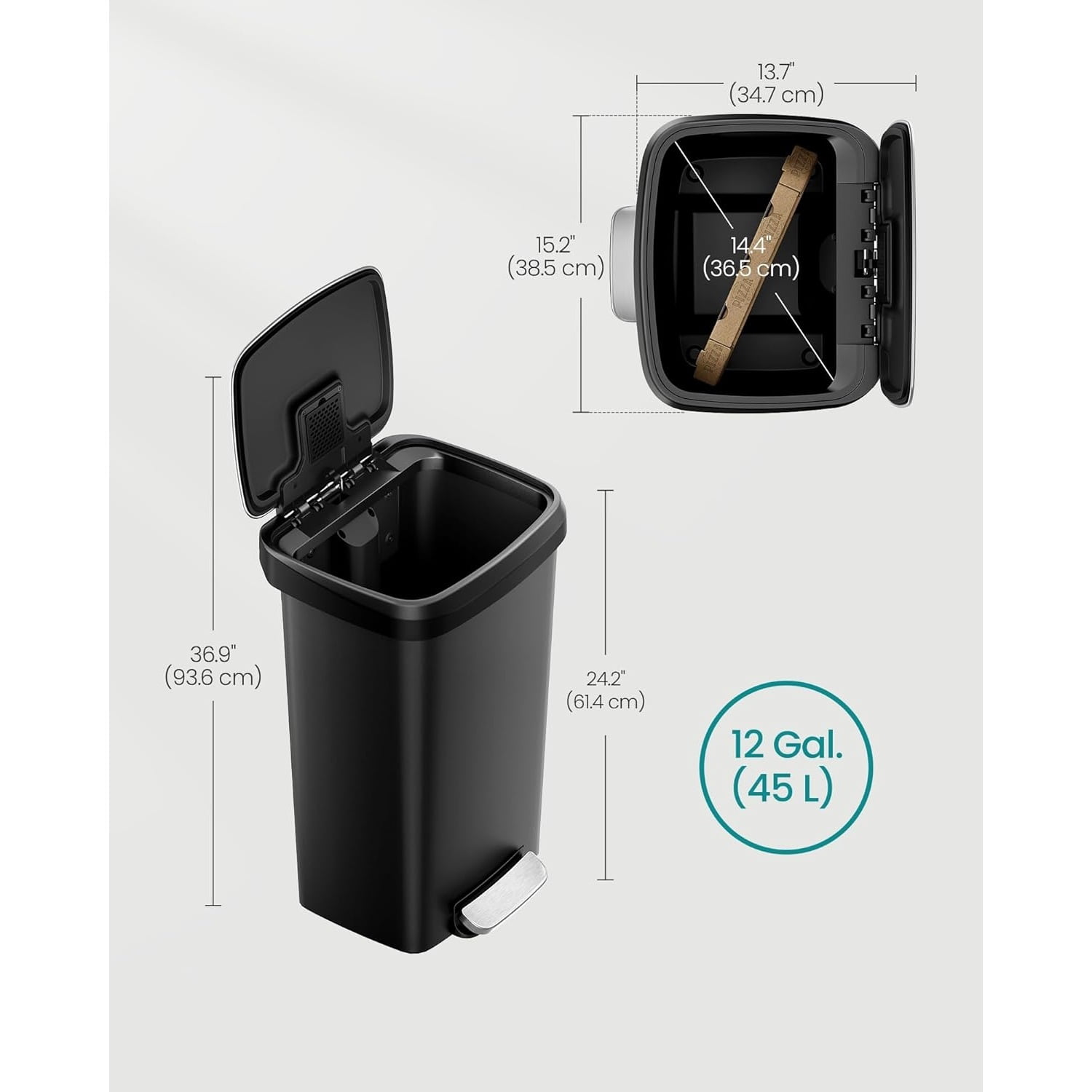 Plastic Kitchen Trash Can, 12-Gallon (45 L) Garbage Can with Stainless Steel Lid, Soft Close, Ink Black