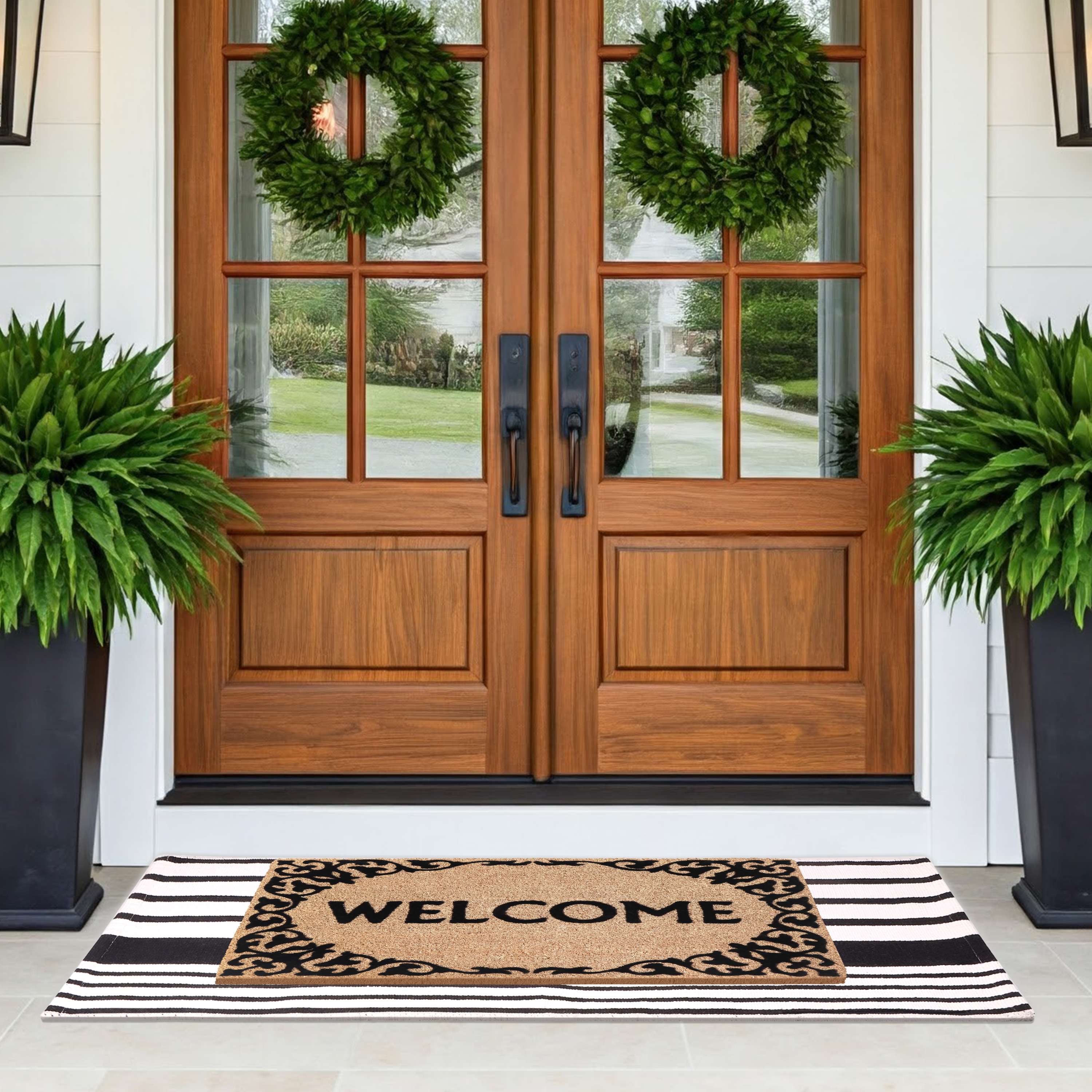 A1HC Coir Welcome Mat and Black & White Striped Cotton Rug Combo Set, 24"x36" & 24"x51", Hand-Woven Washable Entryway Décor