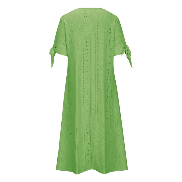 Cflvaek Eyelet Dress for Women Plus Size Short Sleeve Eyelet Tshirt Dress Casual Summer Beach Vacation Sundress Solid Color V Neck Maxi A Line Dress