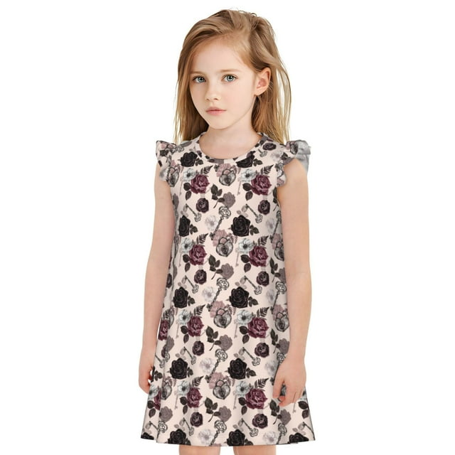 Vsdgher Rétro Rouge Noir Roses pour Filles Chemises de Nuit Manches Courtes à Volants Robe de Nuit Pyjama pour Fête Pyjama-Grand