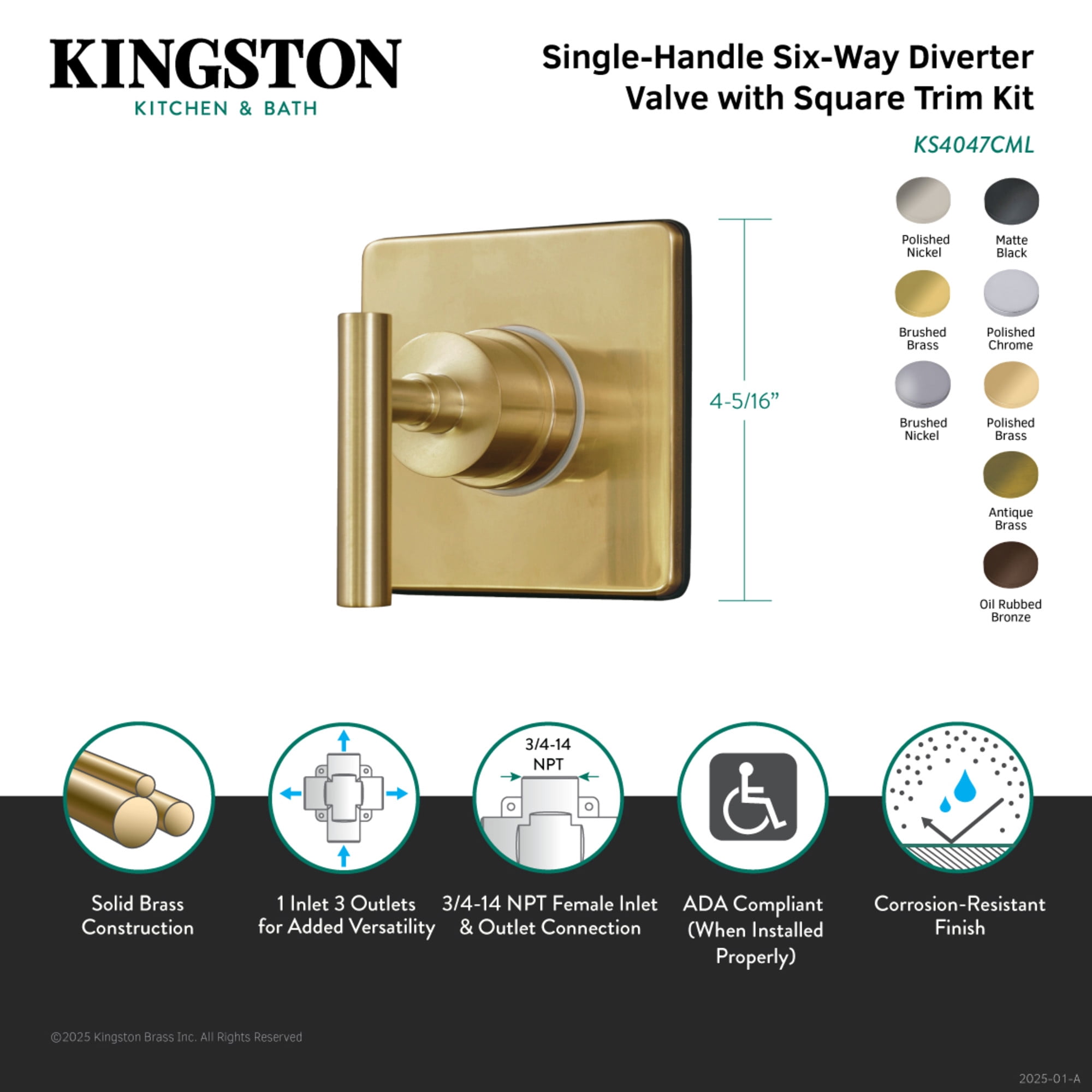 Kingston Brass KS4042CML Manhattan Single-Handle Six-Way Diverter Valve with Square Trim Kit, Polished Brass