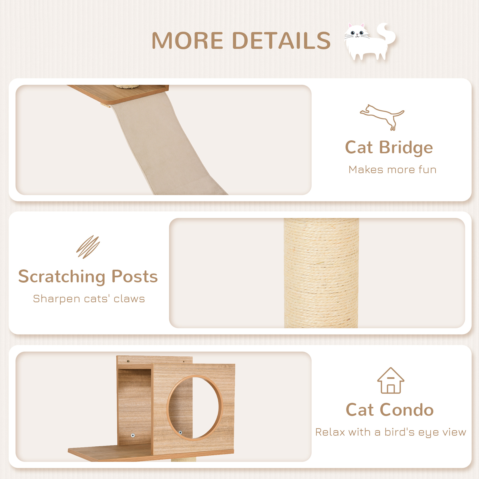 PawHut Wall-Mounted Multi-Level Cat Tree Activity Tower w/ Sisal Scratch Posts - image 4 of 9