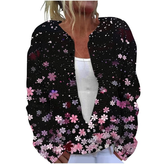 Idoravan Womens Cardigans Dressy Casual with Buttons Women's Casual Printed Knitted Cardigan Button Coat Black XXL