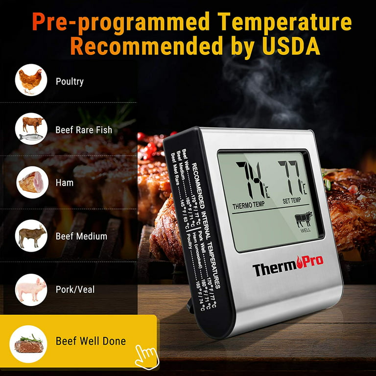 ThermoPro TP-16 Large LCD Cooking Food Meat Thermometer for Smoker Oven  Kitchen BBQ Grill Thermometer Clock Timer with Stainless Steel Temperature  Prob 