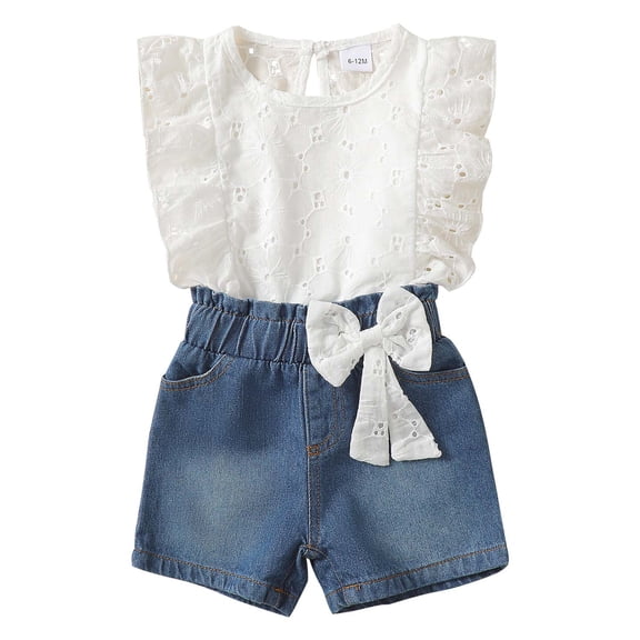 Kucnuzki 18 Months Infant Baby Girls Summer Clothes 24 Months Outfit Set Ruffle Sleeveless Solid Color Tank Top Bowknot Denim Shorts Sets 2pcs Clothing White