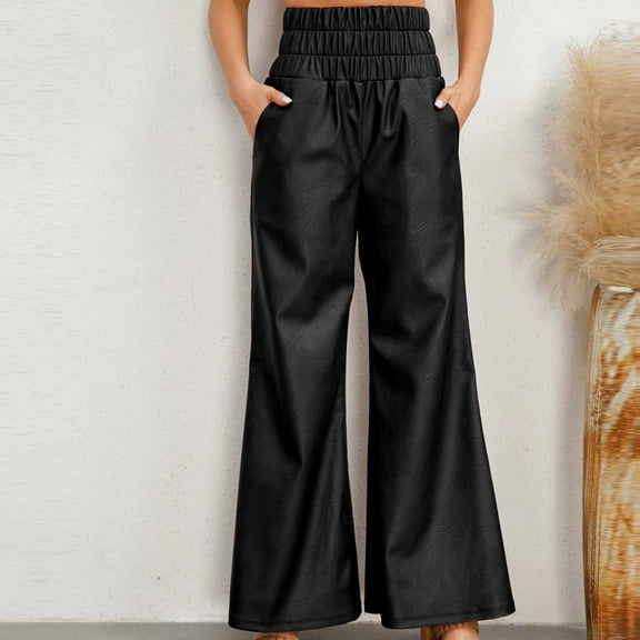 Yuwull Women 2024 Fall Trendys High Waisted Faux Leather Wide Leg Pants Elasti Waist Tummys Control Pu Full Length Pants