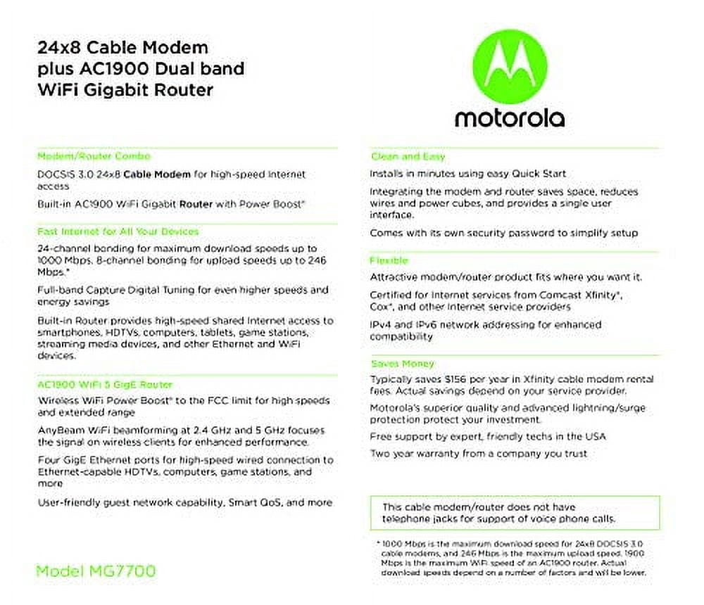 Motorola MG7700 DOCSIS 1000 Mbps AC1900 Dual-Band WiFi Router 3.0 Modem