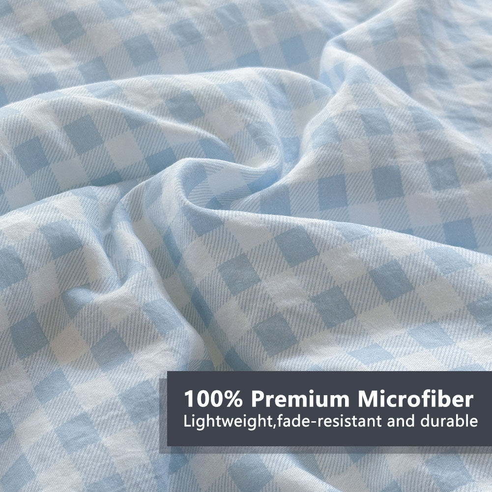 Light Blue Gingham Ruffle Queen Comforter Set, Blue Ruffled Plaid Bedding Set, Ruffled Checked Bed Comforter 3 Pieces(Light Blue Gingham, Queen)