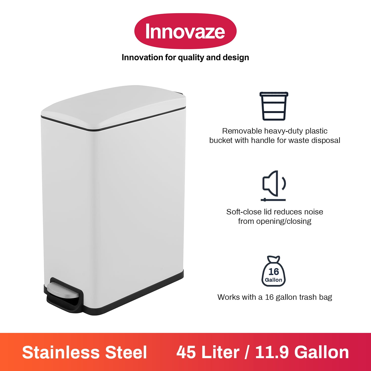 Innovaze 11.9 Gal./ 45 Liter  Slim Stainless-Steel-Made Step-on kitchen Trash Can (Matt White)