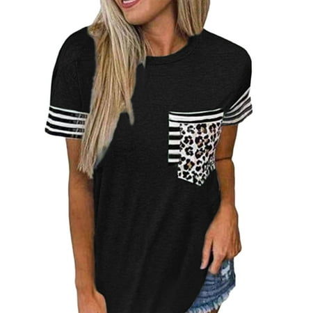 

Dtydtpe Womens T Shirts Round Neck Short Sleeve Striped Color Block Leopard Pocket Casual Tops Blouse Long Sleeve T Shirt Women under Scrubs Womens Long Sleeve Tops Polyester Lightweight Shirt fo