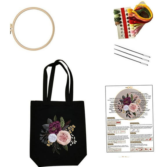 Acahhotxx Embroidery Kits, Handmade Canvas Bag Embroidery Kits with Flower Pattern Needle Top Handle Bag Embroidery Starter Kits Sewing Kits