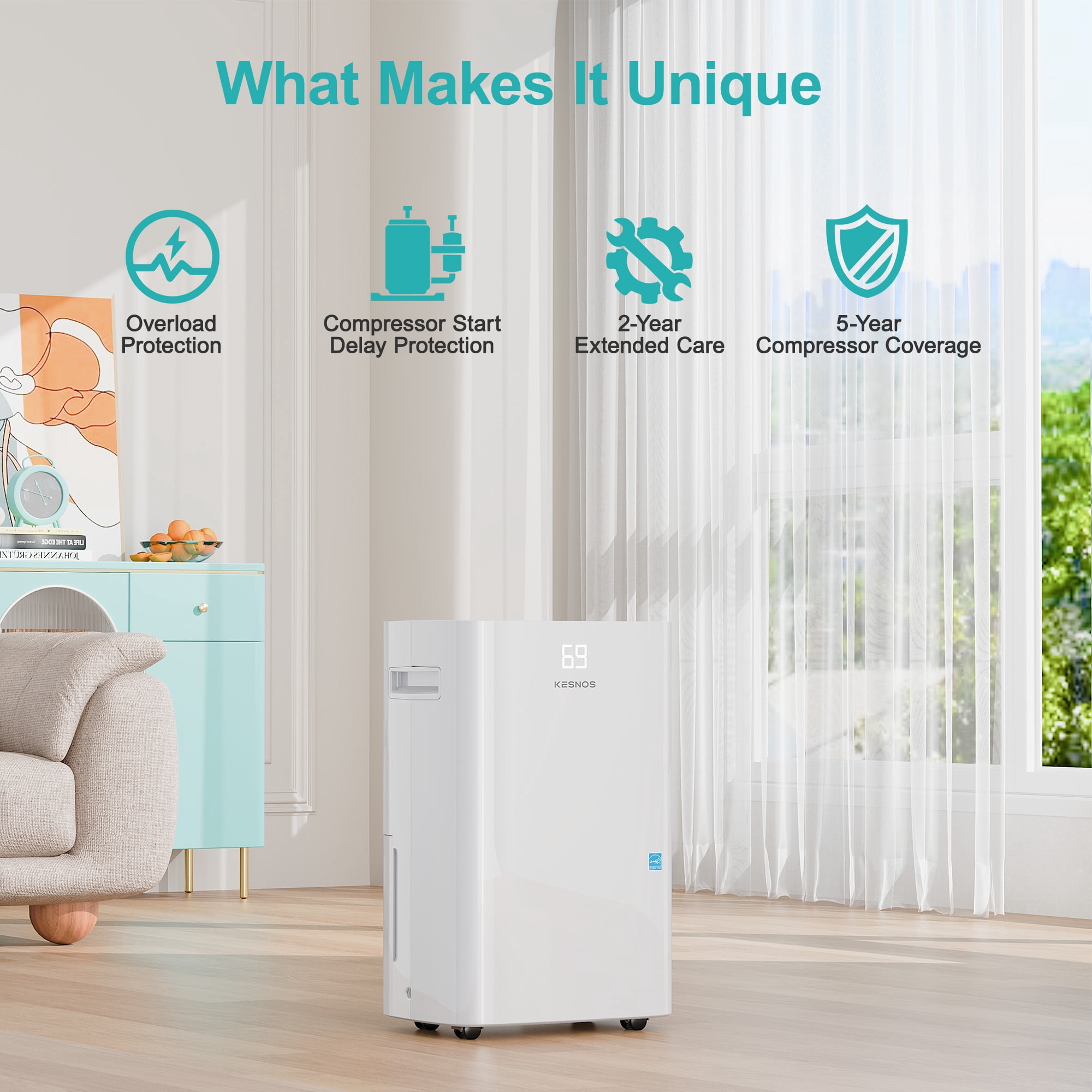 Kesnos 50 Pints Energy Star Dehumidifier for 4500 Sq. Ft, Most Efficient 2025 Certified, Intelligent Humidity Control, 24H Timer, Auto Drain, Quiet Operation for Home Basement Large Room, White
