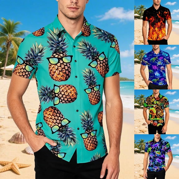 Trendfront Mens Hawaiian Pineapple Print Shirts Summer Collared Short Sleeve Tops Fruit Graphic Casual Beach Button Down