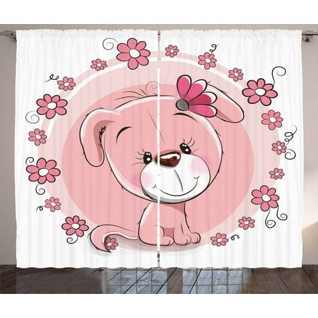 Dog Curtains 2 Panels Set Cute Little Puppy With Daisy