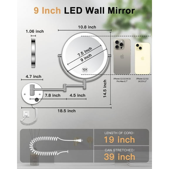 9" Wall Mounted Lighted Magnifying Mirror, 1X/10X Double Sided LED Bathroom Mirror with 3 Color Lights & Touch Dimming