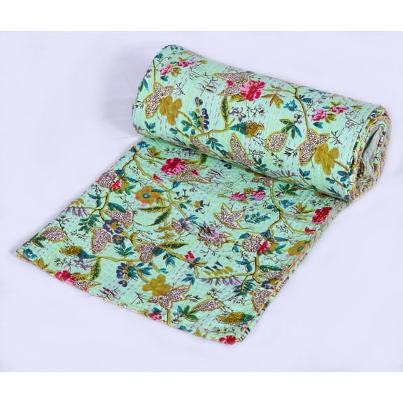 indian cotton kantha quilt Bedding throw sofa coverlet bedspread single size Handmade vintage paradise print blanket, 60 X 90 Inche