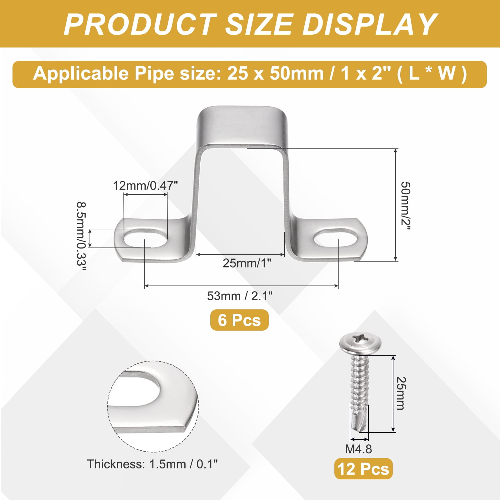 Uxcell 6Pcs U Shape Square Tube Clamp, 25x50mm U Shaped Bracket 304 Stainless Steel Square Strap Clamp with Phillips Head Self Drilling Screws for Pipes Door Closed Bar Holder Railings