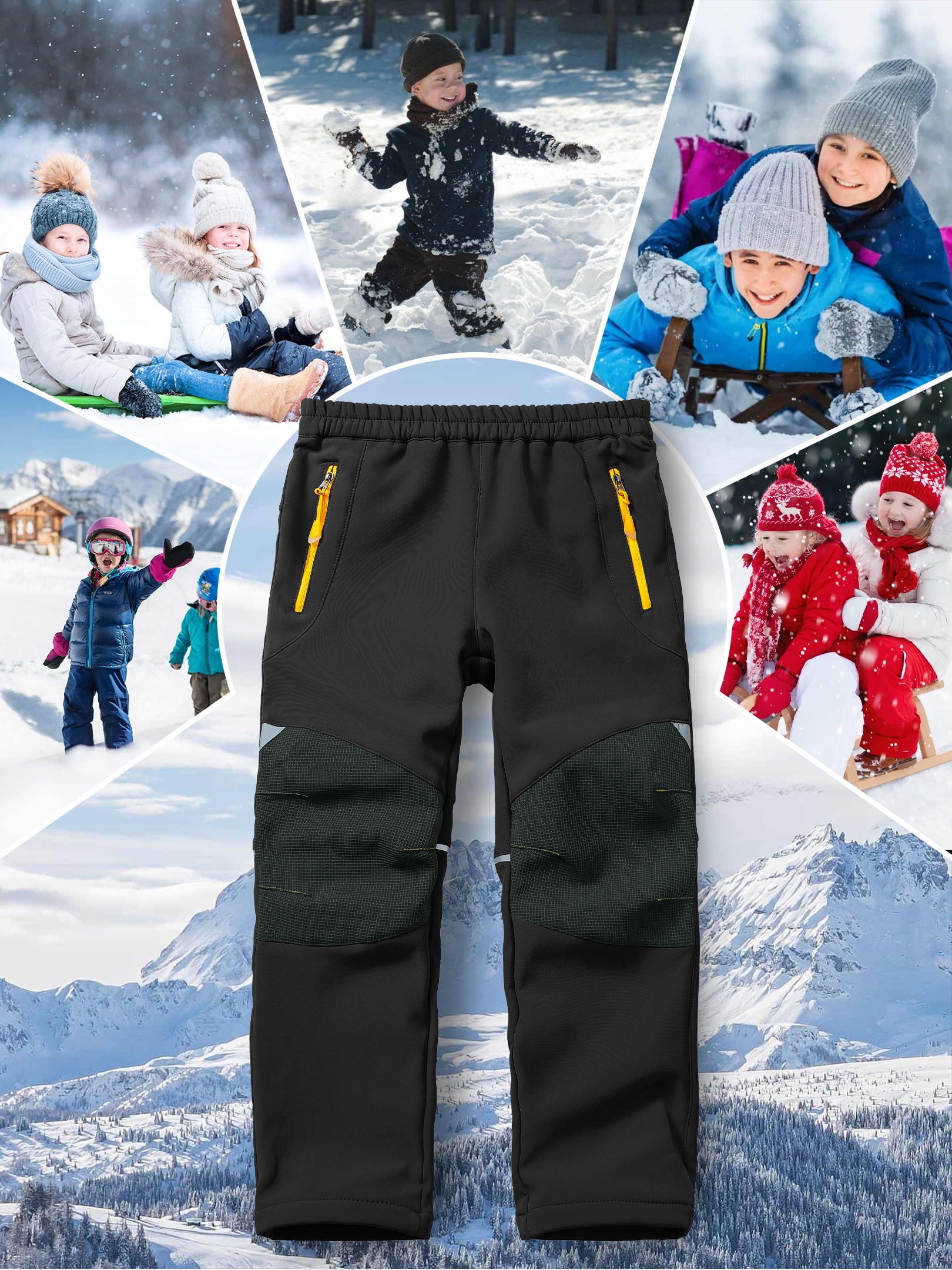 POENTAB Kids Boys Hiking Snow Ski Pants Fleece Lined Softshell Waterproof Warm Insulated Trousers with Zipper Pockets Black Size 11-13