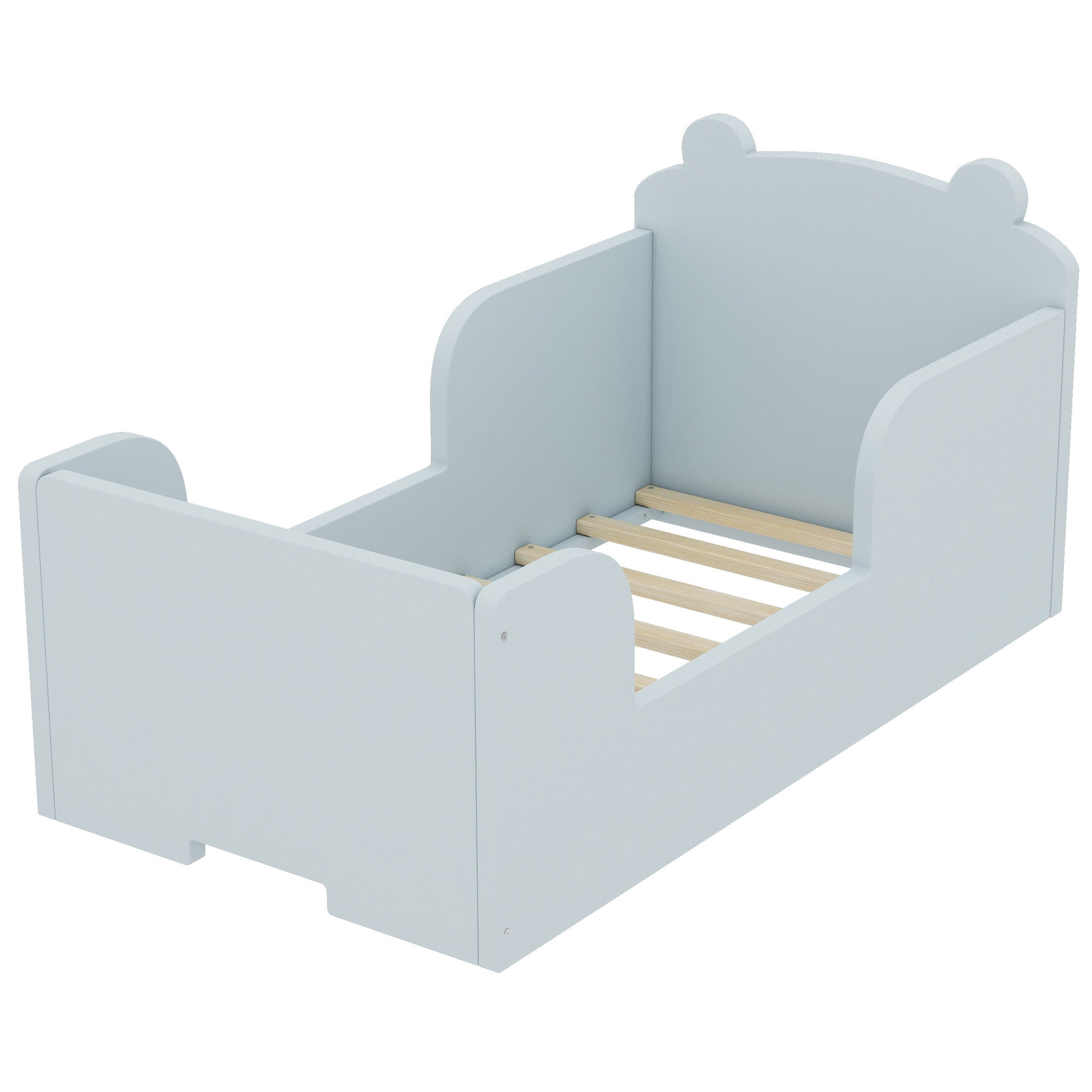 Aukfa Toddler Bed, Floor Bed Frame with Safely Rail and Bear Shape Headbroad for Kids Ages 2-6, Blue