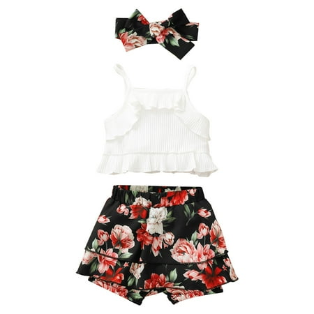 

Summer New White Suspenders + Floral Print Shorts + Hair Band Fashion Girls Summer Clothes Set Kids Clothes
