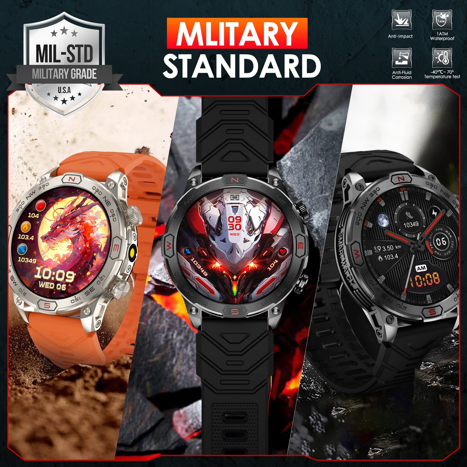 XAXRE Military Smartwatches for Men(Answer/Make Call), 1.43'' AMOLED Touch Screen Rugged Smartwatch with LED Flashlight Compass Altitude, 1ATM Waterproof Outdoor Sport Smart Watch for Android iOS