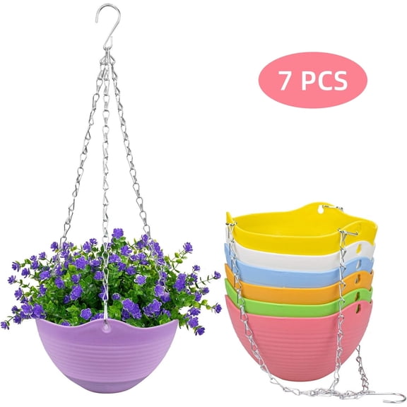 WLGJL Set of 7 Colors Self-Watering Hanging Planter Indoor Outdoor Garden Flower Plant Pot Container with Drainer and Hanging Chain