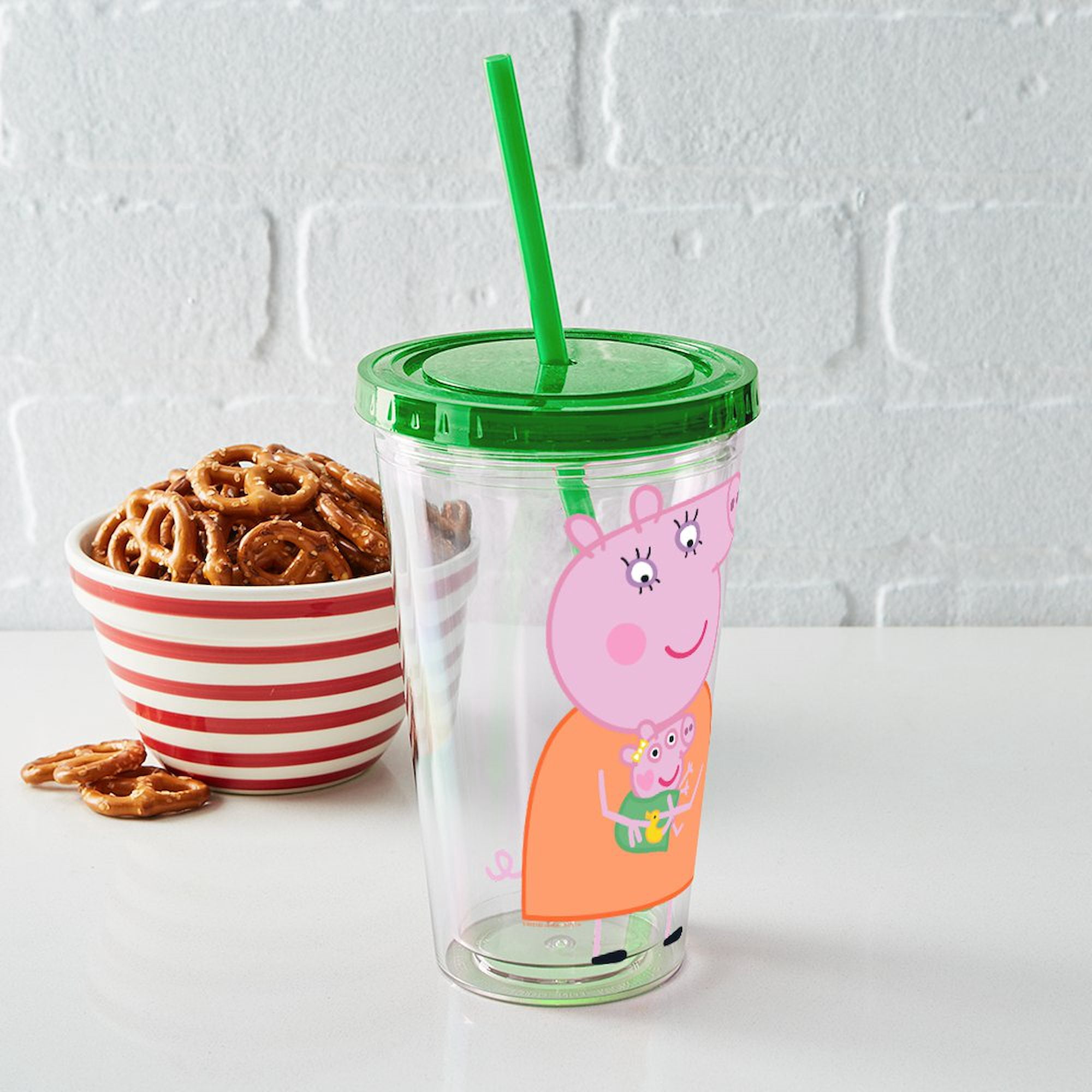 CafePress - Peppa Pig: Holding Baby - 16 Ounce Classic Clear Insulated Double Wall Tumbler Cup with Lid Straw , Reusable