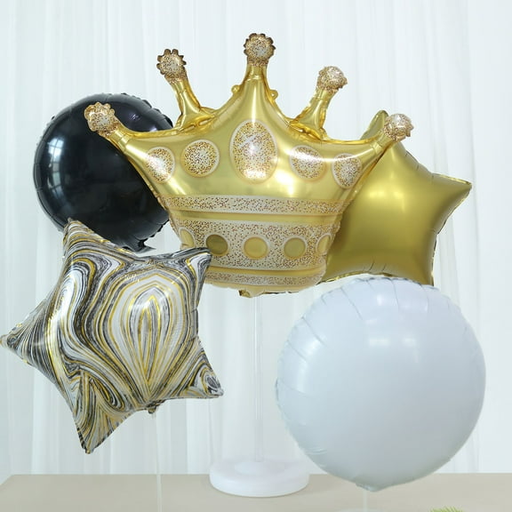 Efavormart Set Of 6 | Gold/Black Marble Mylar Foil Party Balloon Set, Star, Round And Crown Balloon Bouquet With Ribbon, Party Decorations
