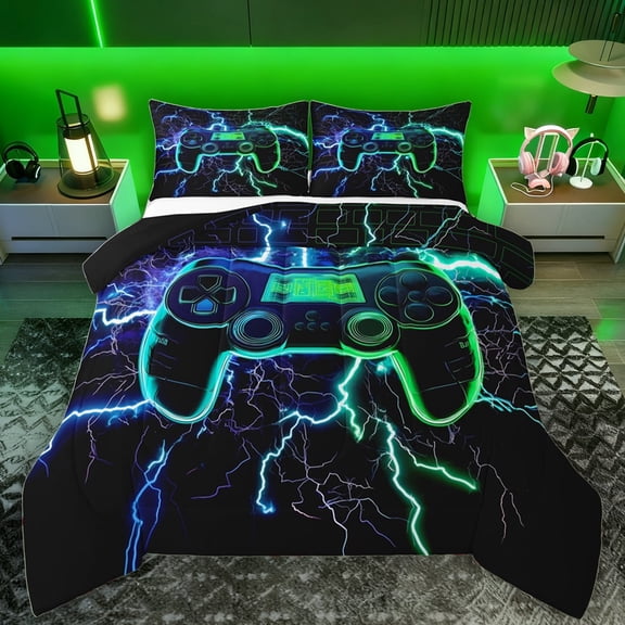 Manfei Blue Green Gamepad Bedding Comforter Set for Kids, Modern Gaming Gamer Twin Comforter Sets, Neon Nature Lightning Reversible Bedding Set, Luxury Bedroom Decor, 2 Pieces