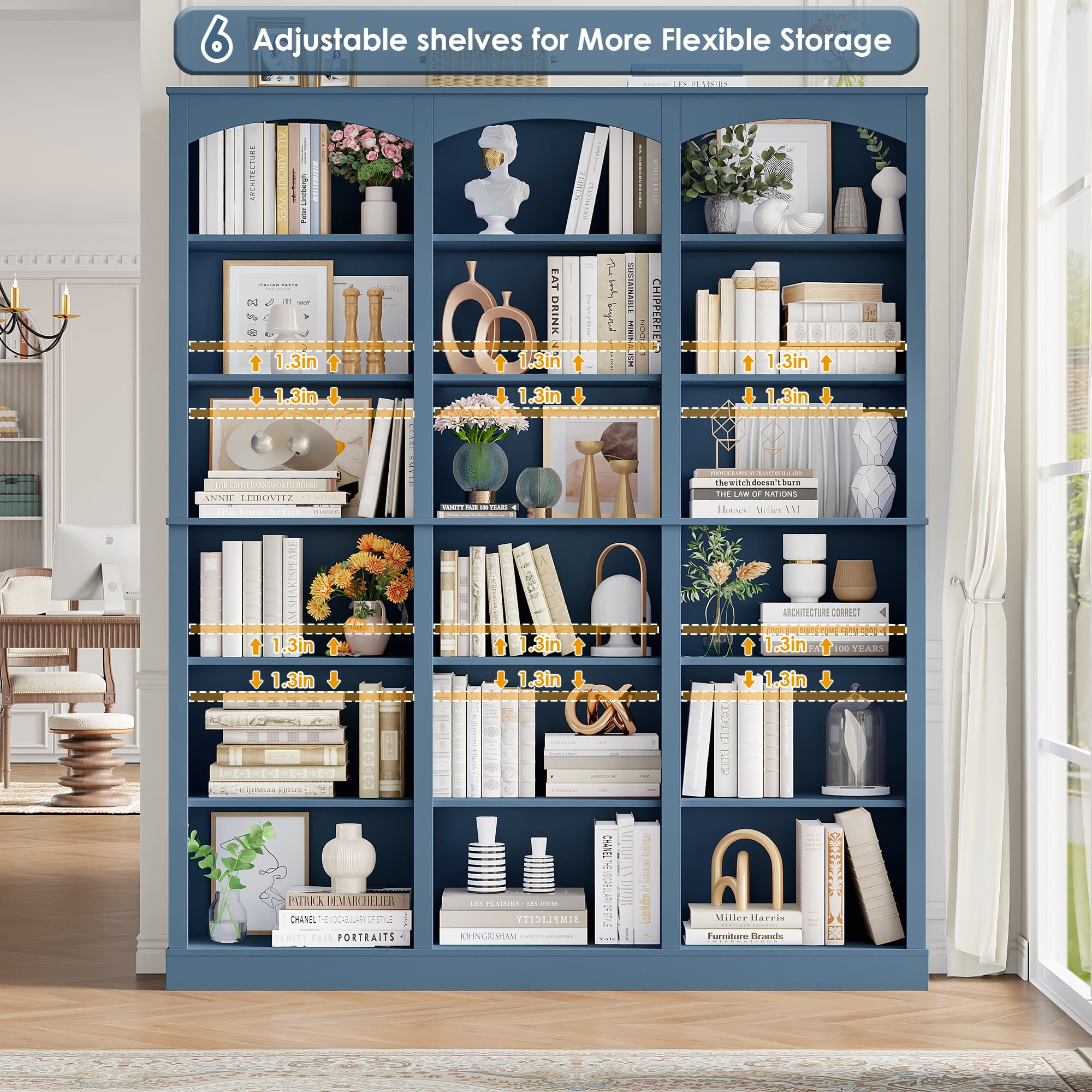 Homfa 18-Cube Bookcase and Bookshelves, 71.2" Triple Width 6-Tier Freestanding Arch Library Cabinet for Home Office Living Room, Blue