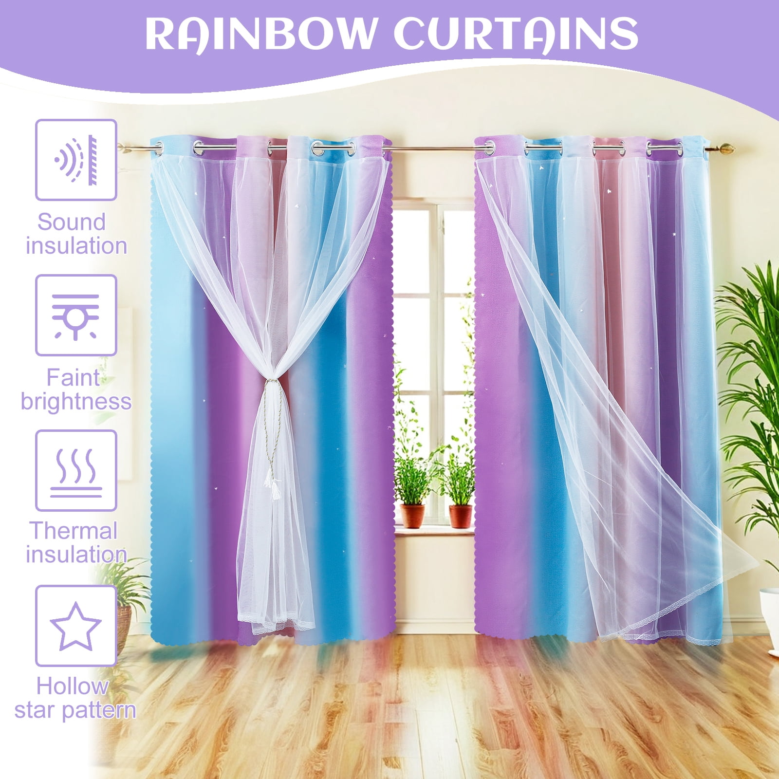 Dznils Star Ombre Printed Grommet Sheer Blackout Curtain Panel Set, 4 Piece, Purple, 52" W x 72" L