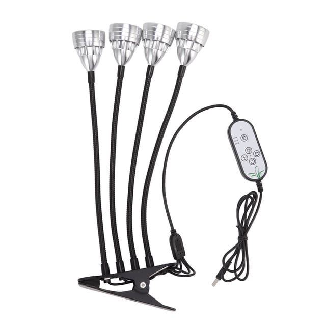 Luz LED de cultivo de aleación de aluminio de 4 cabezales, flexible, ajustable, USB, con clip para interior.