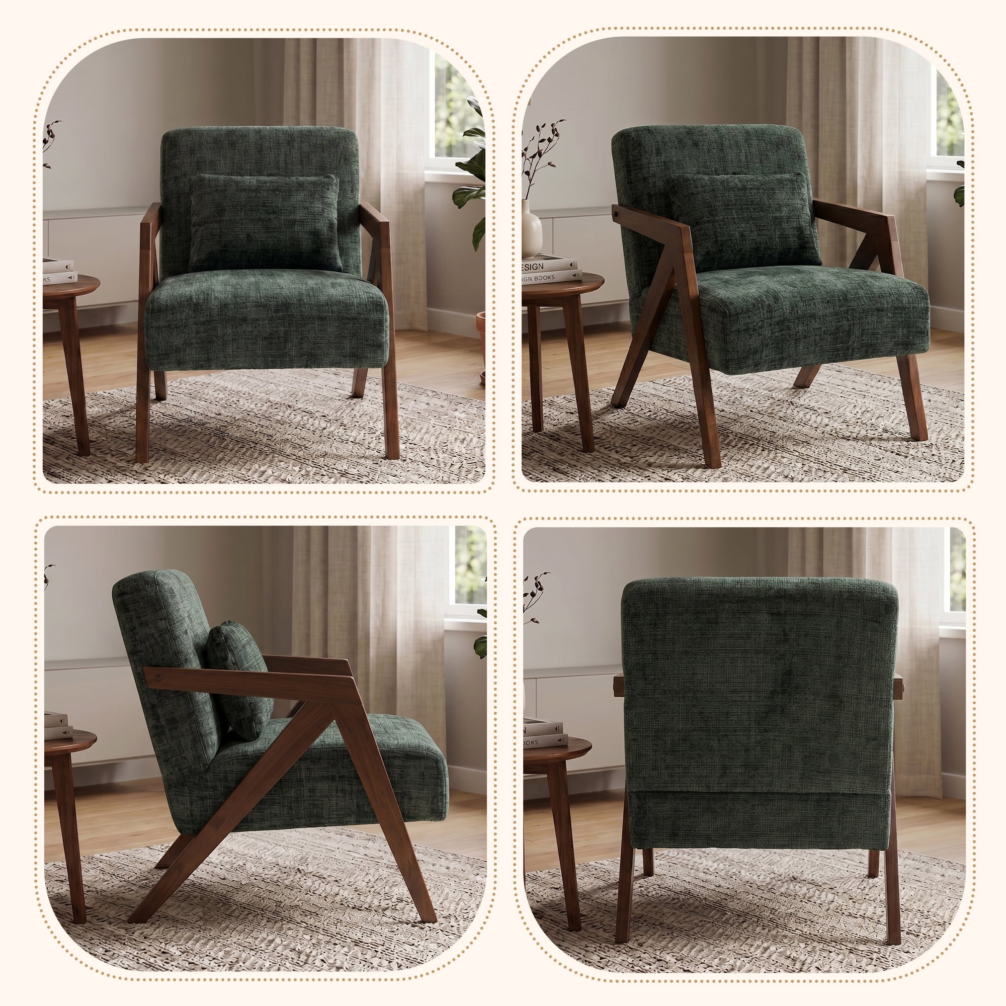 Mid-Century Modern Accent Chair with Solid Wood Frame,Upholstered Chenille Living Room Arm Chairs with Pillow for Bedroom, Living Room, Balcony, Reading Room