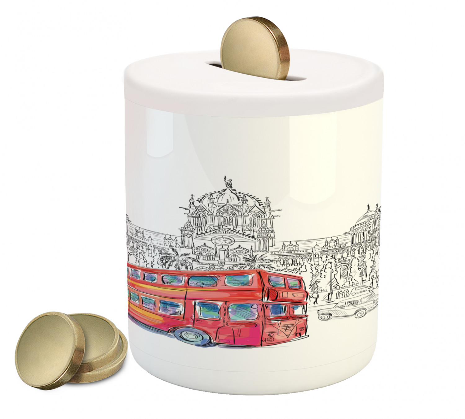 Cityscape Piggy Bank, Historical Architecture Railway with Red Bus