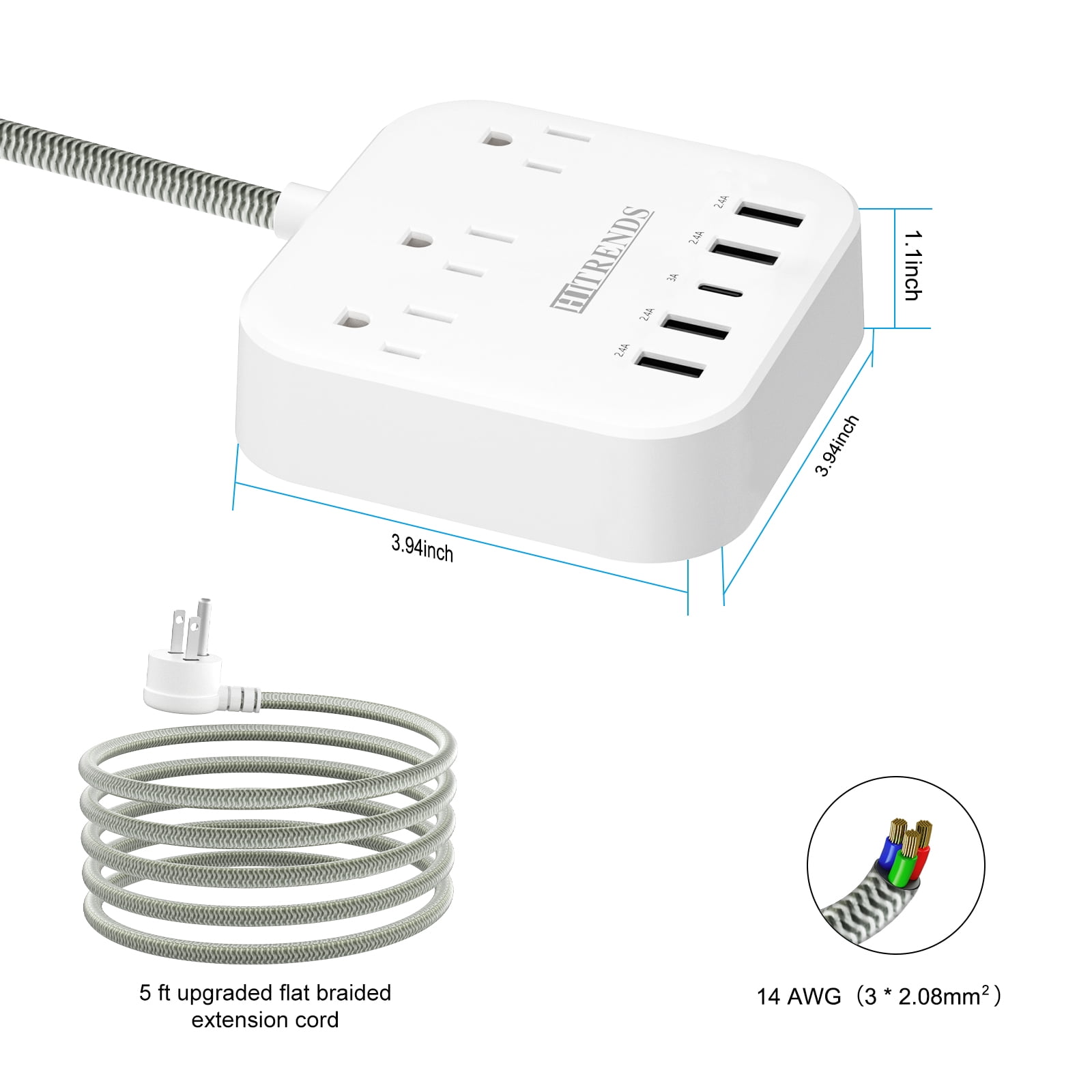 HITRENDS Surge Protector Power Strip, 3 AC Outlets, 4 USB-A Ports, 1 USB-C Port, 10-Foot Extension Cord