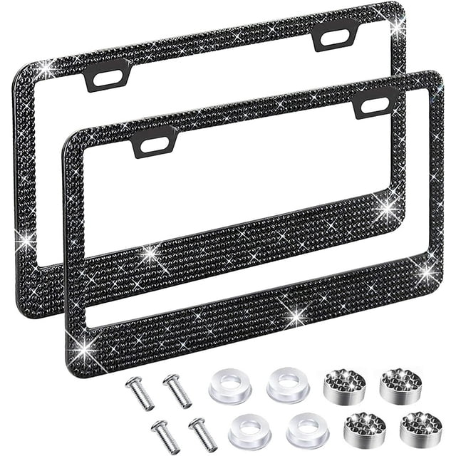 Paquete de 2 marcos negros para matrícula de coche para mujer, cubierta de matrícula de diamante brillante, soporte para matrícula de coche con diamantes de imitación brillantes, marco de acero inoxid JFHHH pequeña