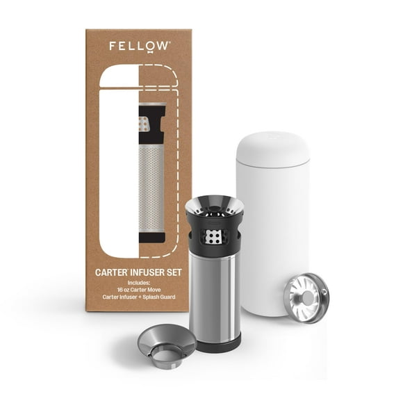 Fellow Carter Tea + Cold Brew Infuser &amp; Carter Move 16 oz Tumbler Set - Steep Tea On-The-Go - Vacuum-Insulated Stainless Steel Travel Mug w/Snap-In Infuser For Steeping