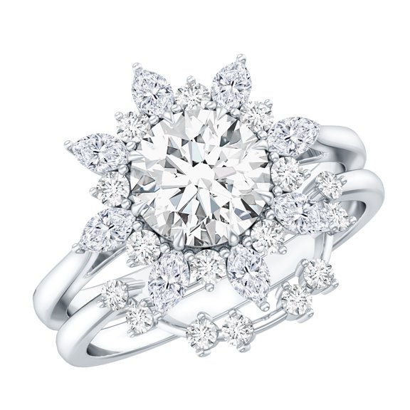 Rosec Jewels Certified Moissanite Flower Wedding Ring Set - D-VS1 Quality Statement Engagement Ring with Enhancer, 925 Sterling Silver, US 4.00