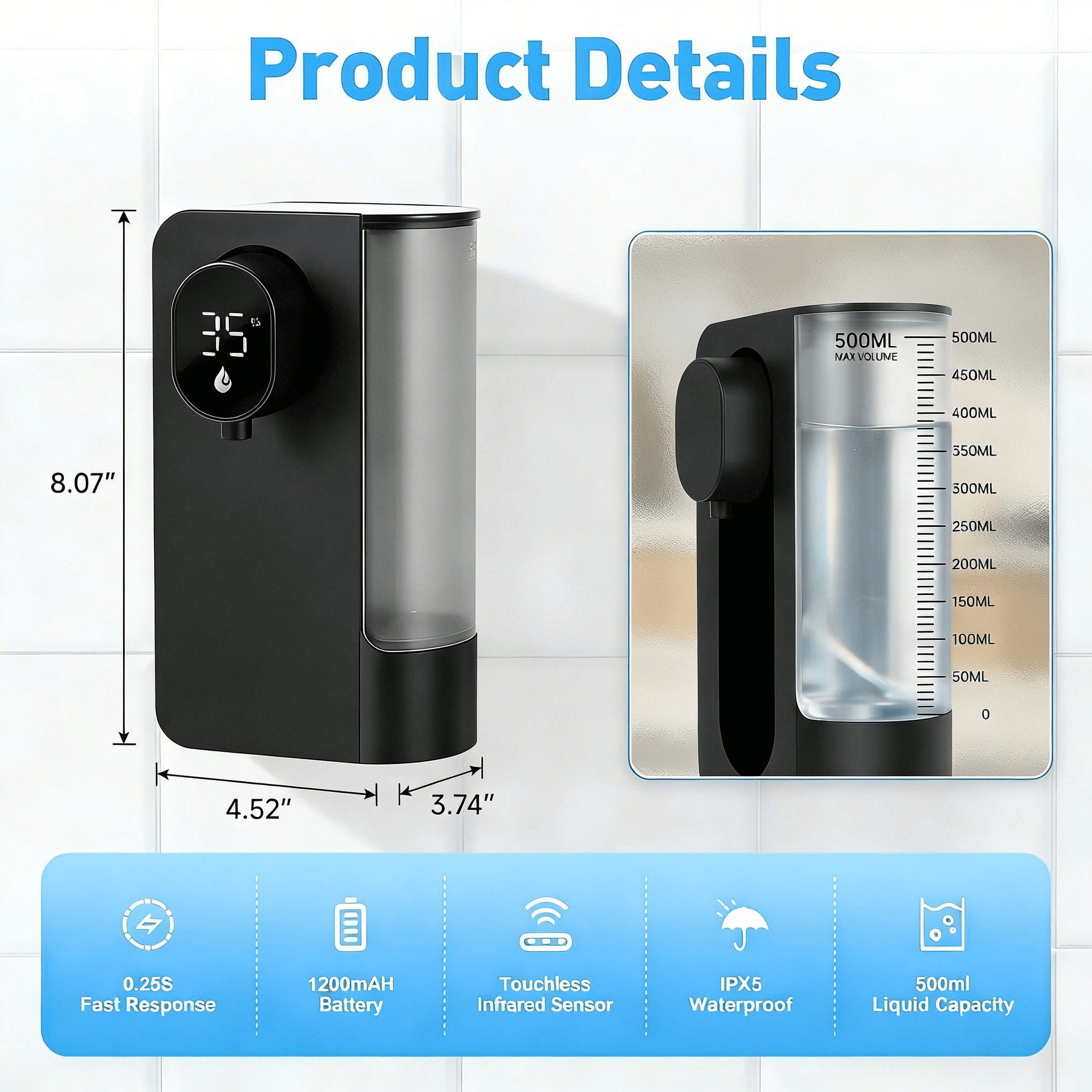WANALIT Automatic Soap Dispenser Touchless, 500ML Gel Hand Soap Dispenser for Kitchen & Bathroom Sink, Digital Display, 3 Adjustable Levels, Rechargeable Countertop Soap Dispenser, Black