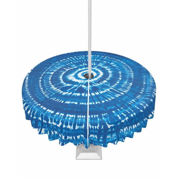 Outdoor Tablecloth with Umbrella Hole for Patio/Picnic/Party/Camping, Blue Boho Geometric Waterproof Table Cloth Round Cover Washable, Ombre Abstract Tie Dye Aesthetic Dia 54"