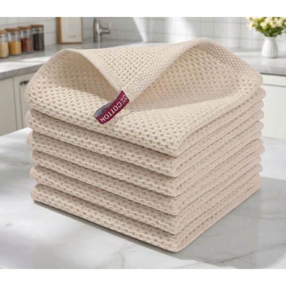 zrova 6-Pack 100% Cotton Waffle Weave Dish Cloths, 13.4"×13.4" Ultra Soft Absorbent Quick-Dry Kitchen Towels, Reusable Lint-Free Cleaning Cloths for Household Use, Dark Grey