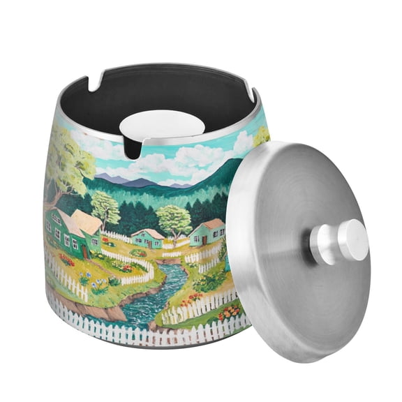 (9.3*9.3*9.7inch)Ashtray with Lid for Cigarette, Stainless Steel Smokeless Odorless Windproof Ashtrays, for Home Office Tabletop Outside Patio Outdoor Balcony Peaceful Life