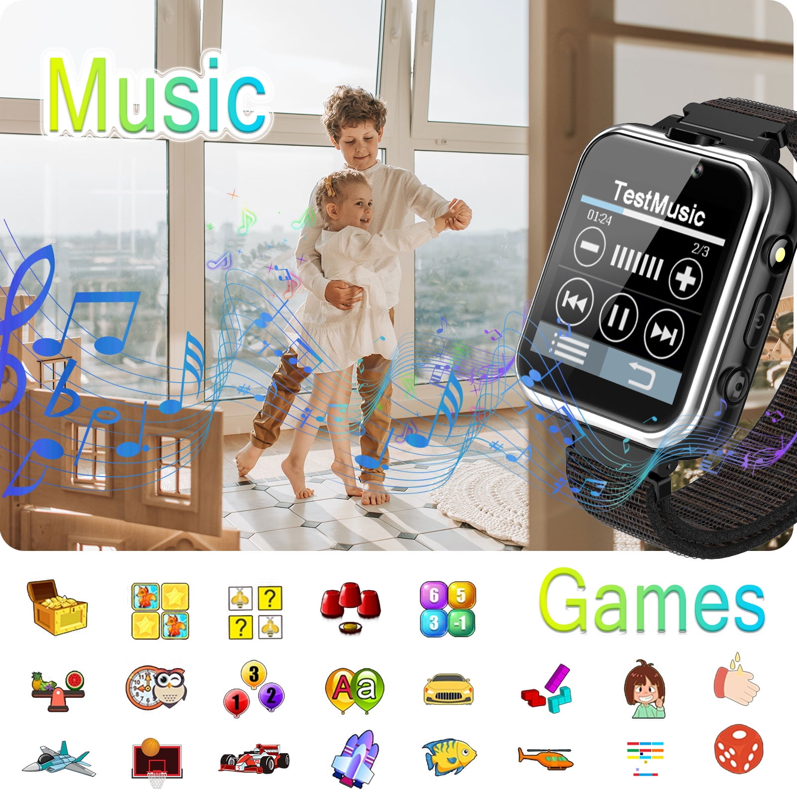 PTHTECHUS Kids Smartwatch Dual Camera Games Pedometer 1.54mm Black Plastic Case with Black Band