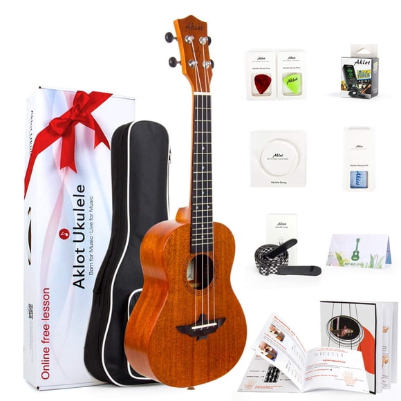 AKLOT Concert Ukulele Solid Mahogany Ukelele 23 inch Beginners Starter Kit with Free Online Courses and Ukulele Accessories (AKC2