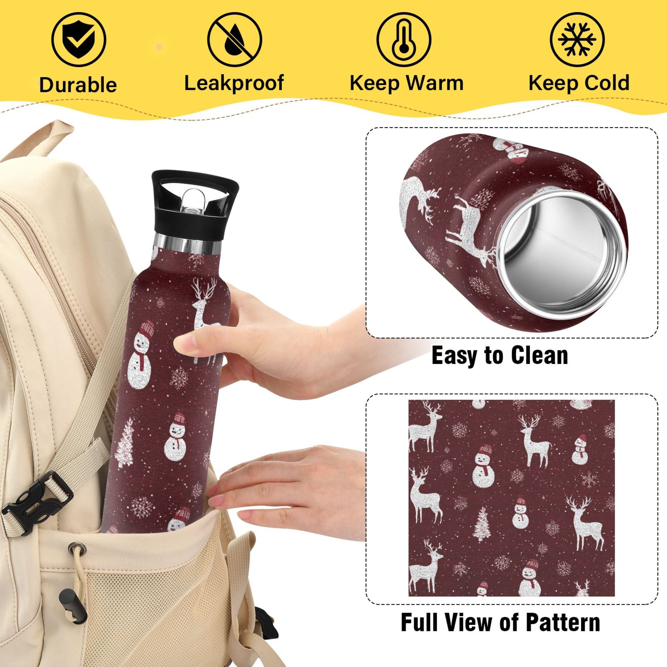 600ML Stainless Steel Insulated Cup Sports Water Bottle Portable Thermos Cup Water Glasses Insulated Tumblers Convenient and Durable Beautiful Cute Christmas Pattern