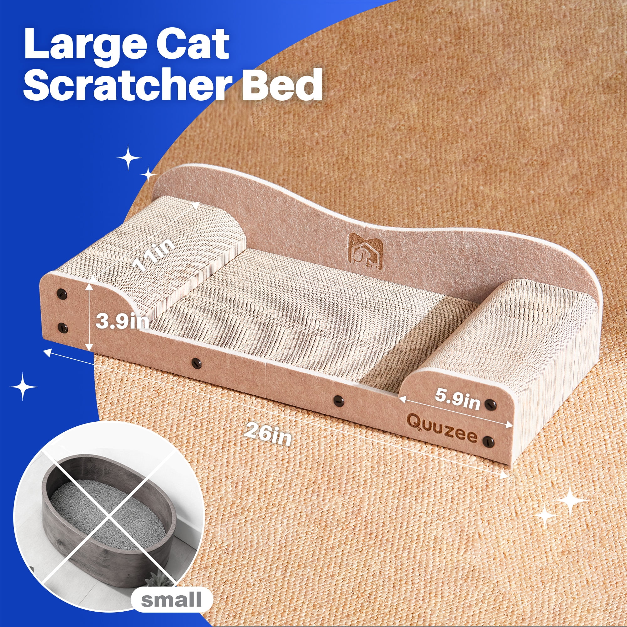 Quuzee 26-Inch Large Cat Scratcher Lounger Bed, Durable Cat Scratching Pad, Cat Scratch Board for Indoor Cats, Corrugated Cardboard Cat Scratcher Bed to Lounge and Scratch, Furniture Protector, Beige