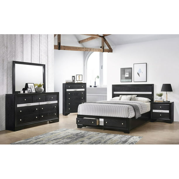 4pc Modern Queen Storage Footboard Bed, Black And Silver Dresser Nightstand