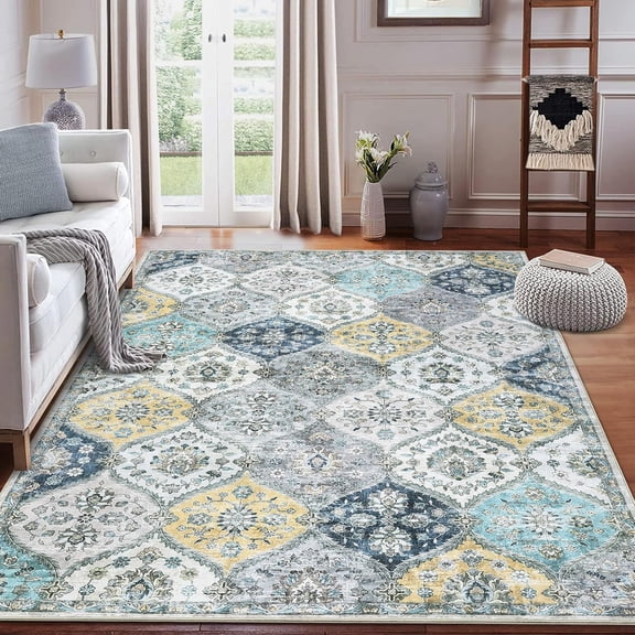 9x12 Area Rug Machine Washable Non-Slip Living Room Rug Vintage Moroccans Blue/Yellow