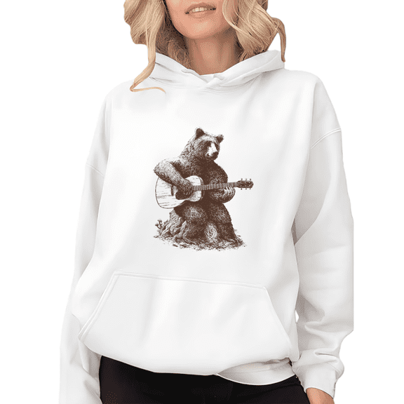 Women's Guitar Bear Graphic Breathable Hoodie Top Casual Comfortable Hooded long-sleeved White S-2XL