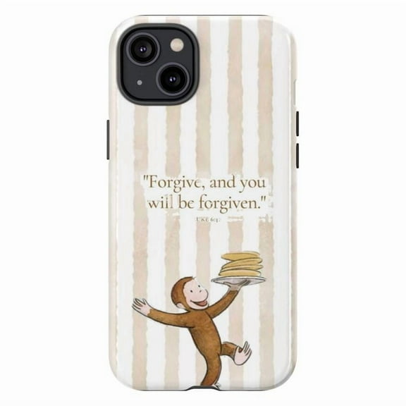 Curious Monkey with Pancakes Phone Case, Forgive Quote, Beige Stripe Cover for iPhone 17 16 15 14 13 12 11 Pro Plus Mini